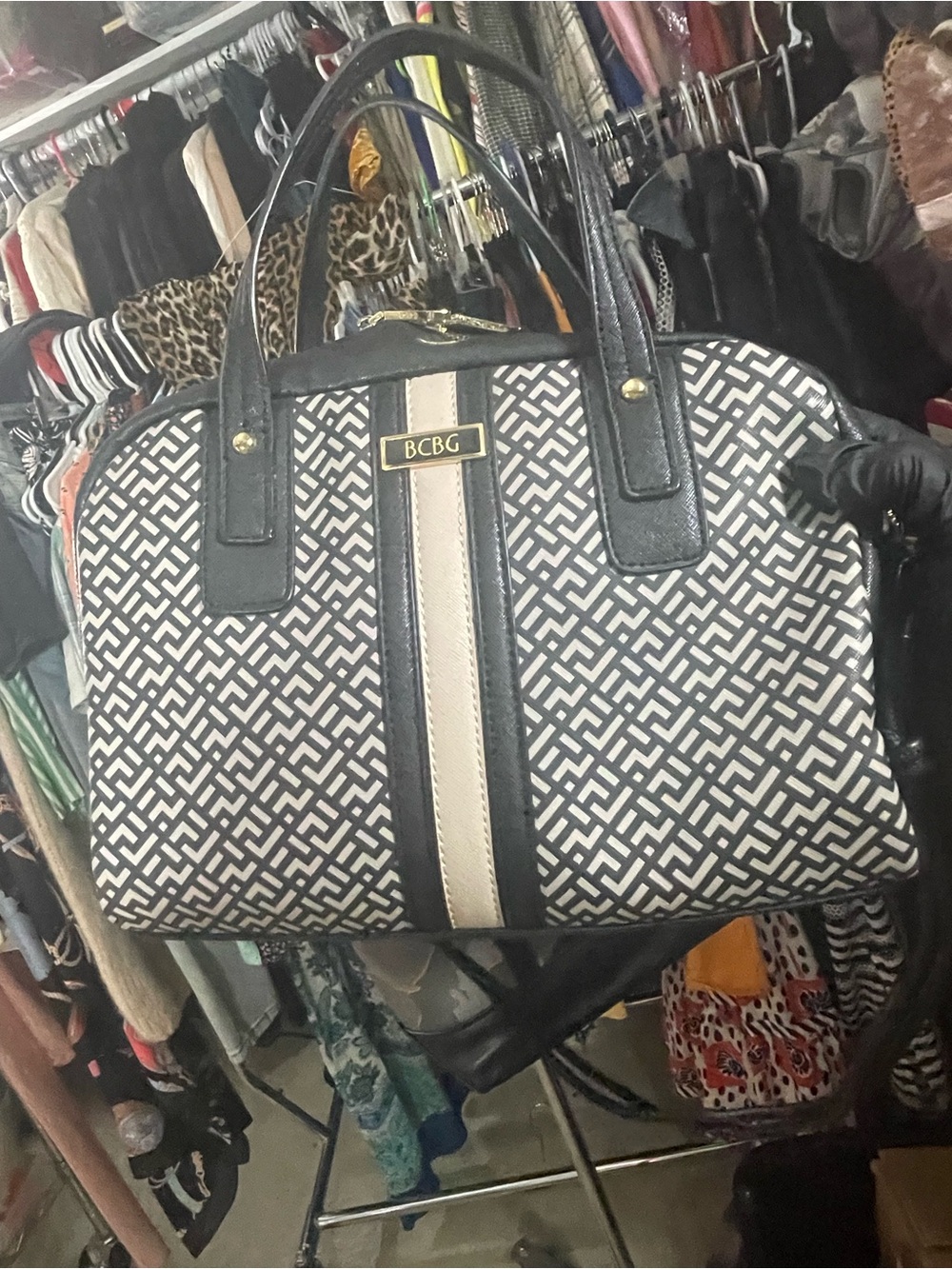 BCBG Black and Cream Geometric Satchel with Center Stripe